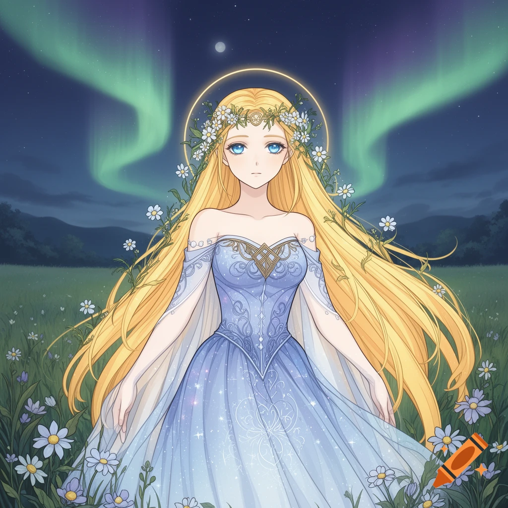 Anime woman with long blonde hair, flower crown, and a blue flowing dress in a field of daisies under the aurora borealis.