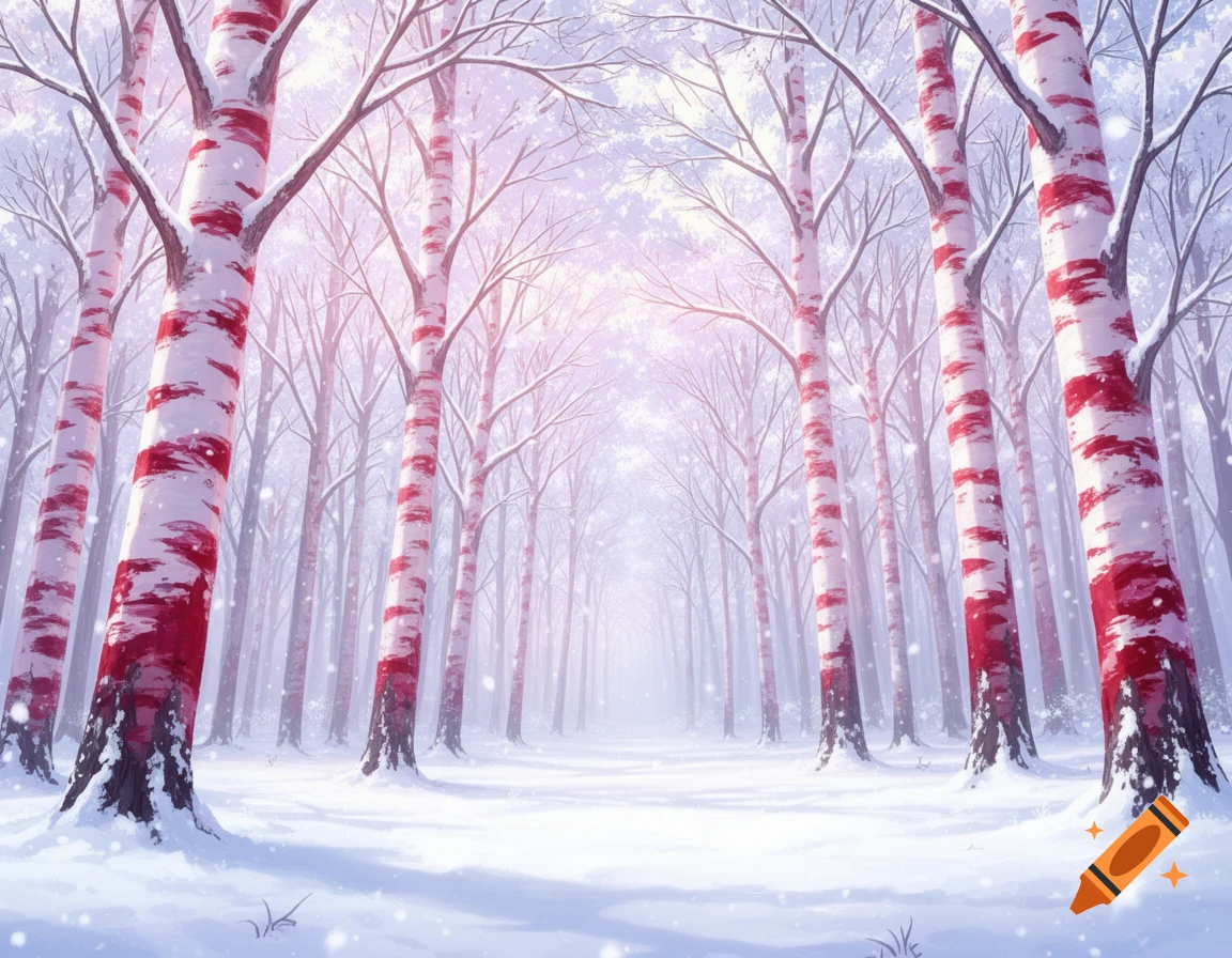 Anime style snowy forest with tall white birch trees marked with red stripes, creating a whimsical winter landscape.
