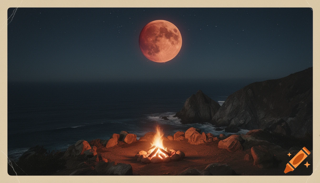 A vintage photograph of a campfire on a rocky cliff overlooking the ocean at night, under a large, red total lunar eclipse moon.