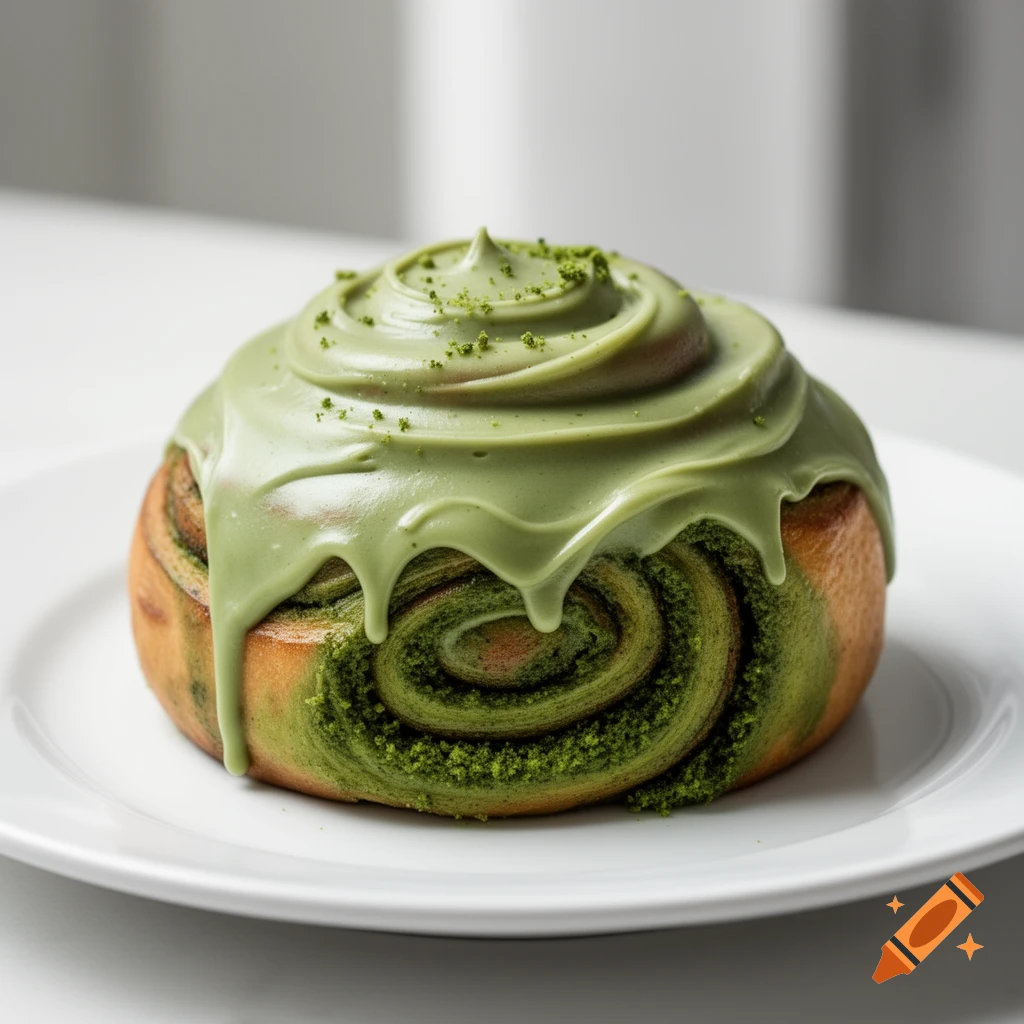 A close-up of a matcha cinnamon roll with green frosting drizzled over it and a visible green matcha swirl inside, on a white plate.