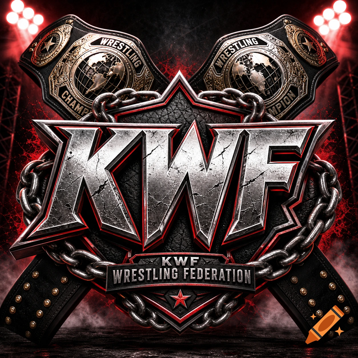A dark, gritty wrestling logo featuring large metallic KWF letters, two crossed championship belts, and chains, against a smoky red-lit background.