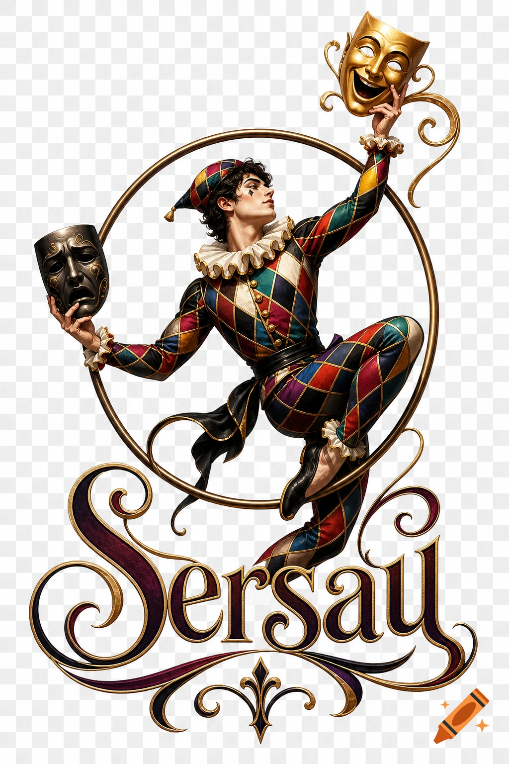 A stylized Harlequin in a colorful diamond-patterned outfit holds a dark tragedy mask and a golden comedy mask within a decorative hoop, with 'Sersau' text below.