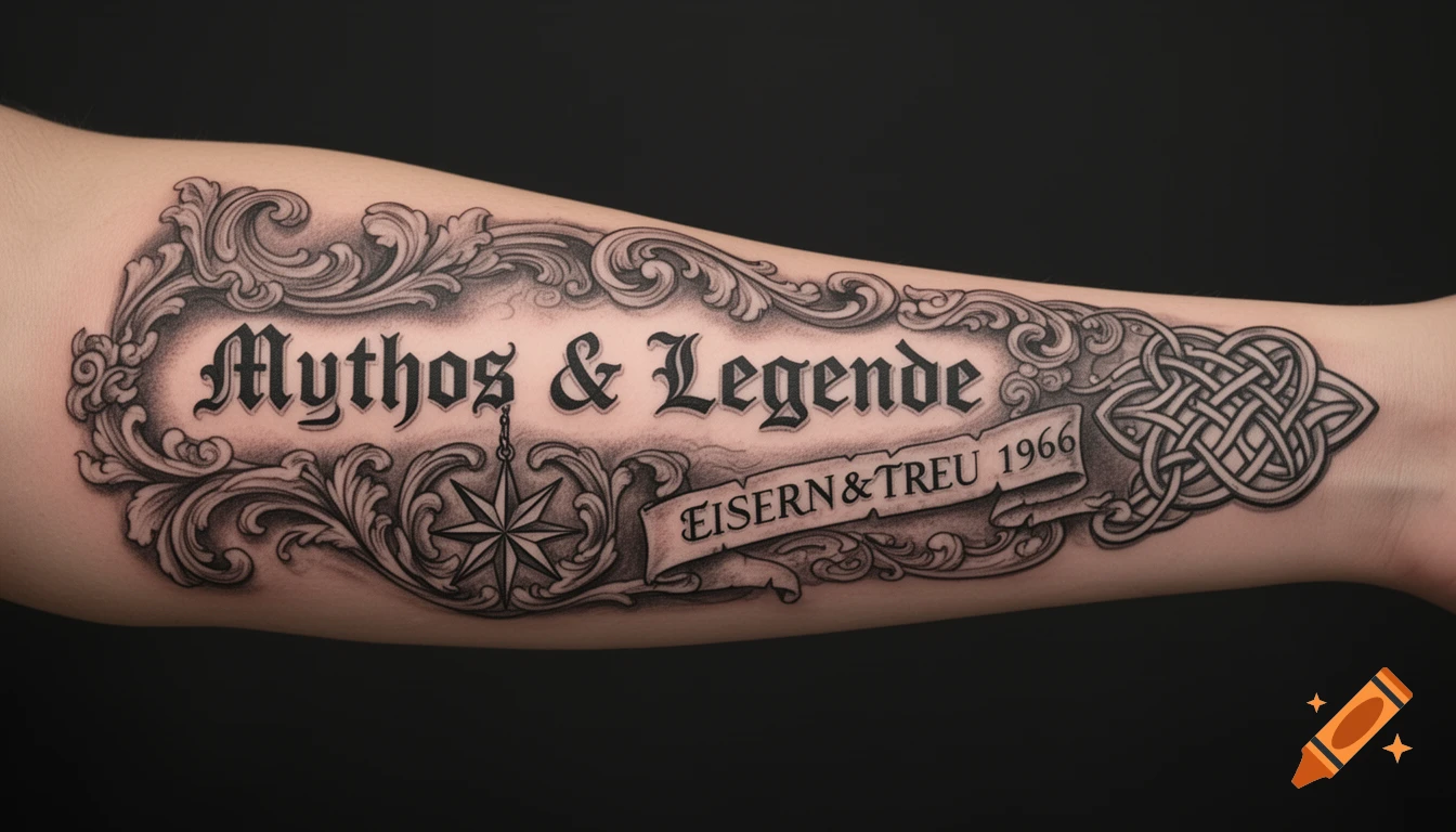 A black and white tattoo on an arm features ornate baroque and Victorian scrolls framing "Mythos & Legende", a compass star, and "EISERN&TREU 1966", with Celtic knots on the right.