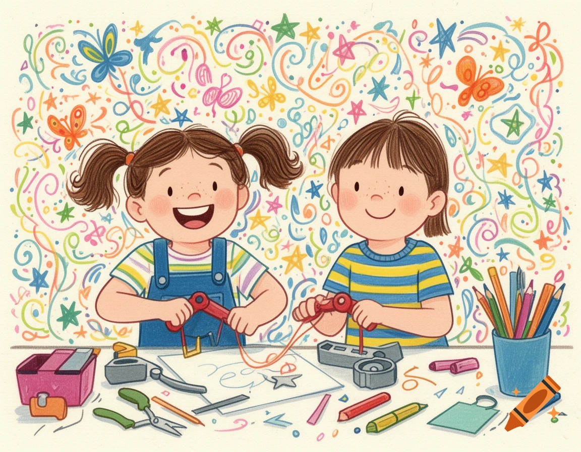 Two smiling children crafting with tools and art supplies, against a background of colorful doodles, in a cartoon illustration style.