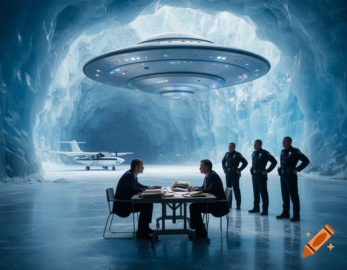 A large UFO hovers in a blue ice cave above two men at a table, three police officers, and a small plane.