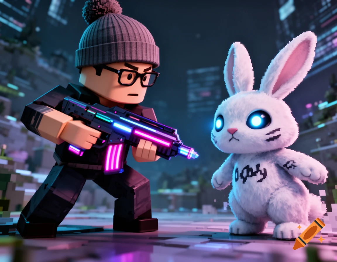 A block-style character in a beanie and glasses holds a neon glowing rifle, aiming at a fluffy white rabbit with glowing blue eyes, in a futuristic city at night.