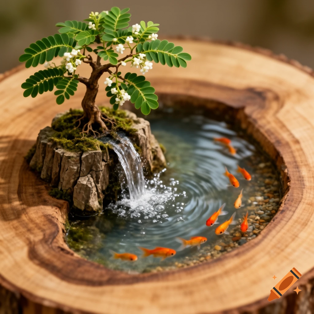 A miniature diorama carved into a circular wood slab features a bonsai tree with white flowers, a small waterfall, and a pond with goldfish.