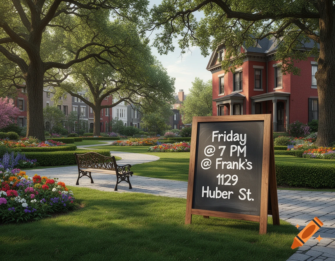 Photorealistic park scene with large trees, colorful flower beds, a bench, and a chalkboard sign reading 'Friday @ 7 PM @ Frank's 1129 Huber St.'