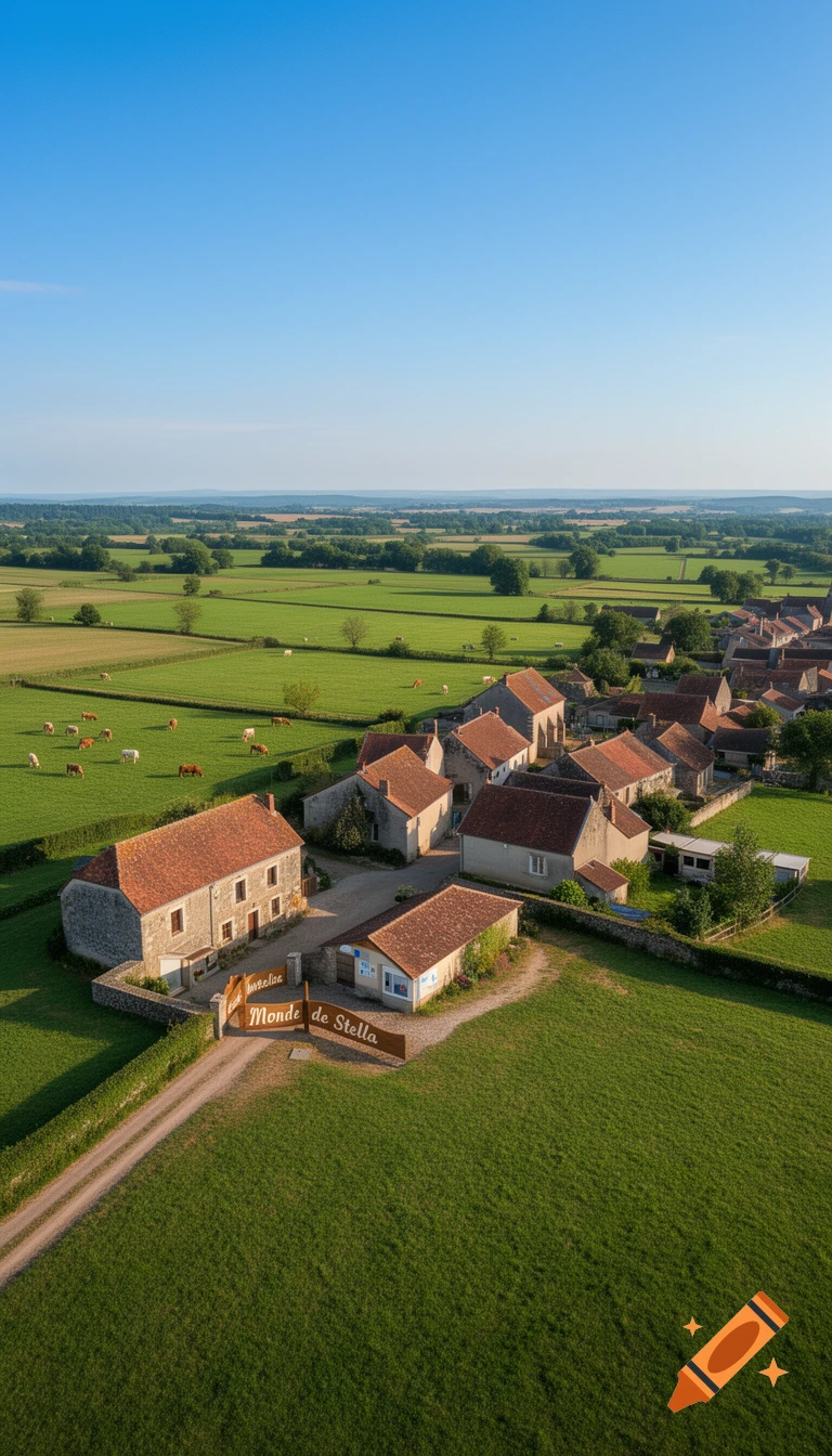 Aerial view of a rural French village with red-roofed houses, green fields, and grazing cows under a clear blue sky. A sign reads "Monde de Stella".