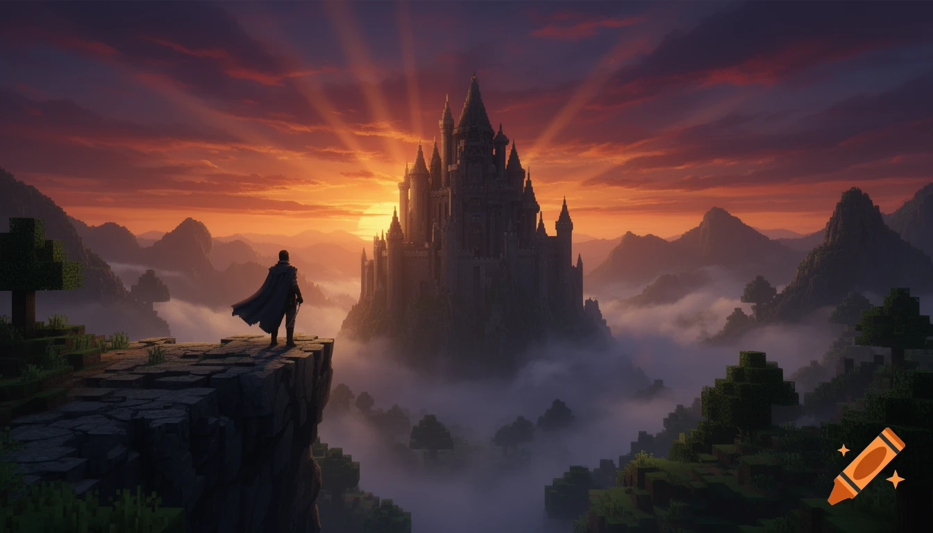 A lone traveler stands on a Minecraft-style cliff, overlooking a dark medieval castle shrouded in fog under a dramatic sunset.
