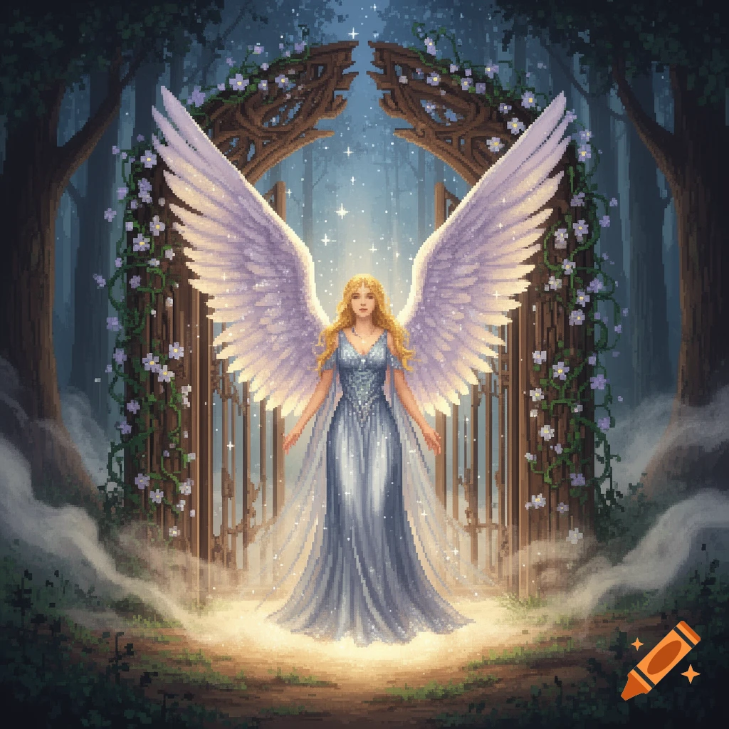 Pixel art of a glowing female angel with large wings in a blue dress, standing before a magical gate in an enchanted forest.