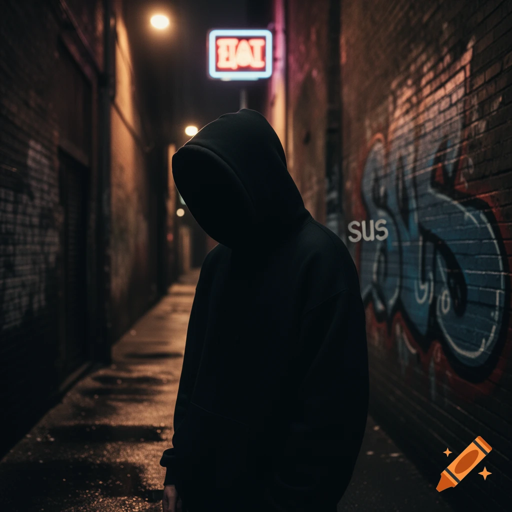 A person in a black hoodie stands in a dark, wet alleyway at night, with a neon sign that says "HAI" in the background and "sus" graffiti on the wall.