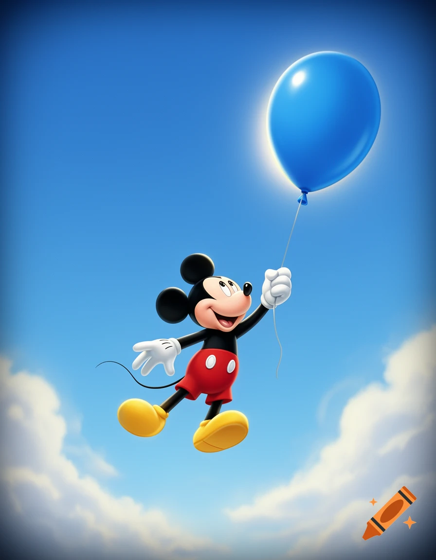Mickey Mouse floats cheerfully in a bright blue sky, holding a large blue balloon with his right hand, looking up.