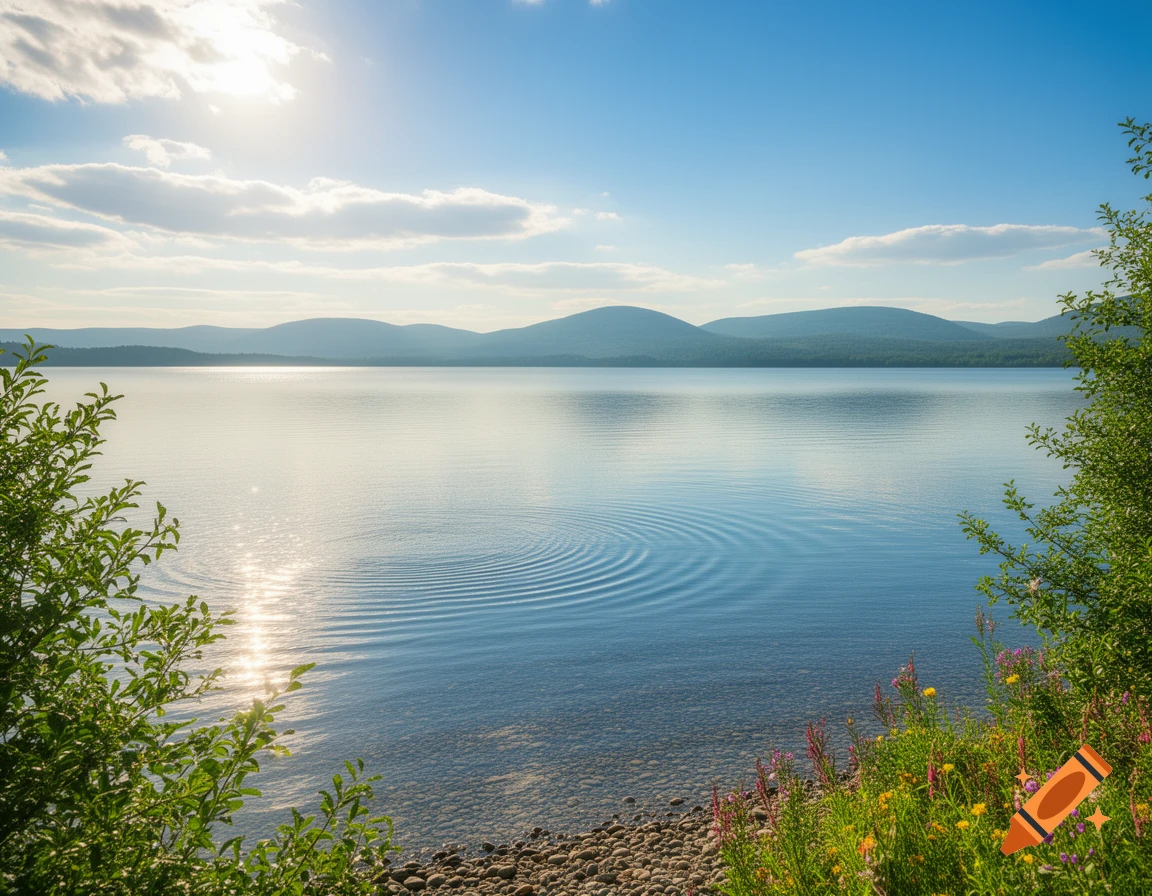 Photorealistic landscape of a serene lake reflecting the sun and sky, framed by green trees, with distant mountains.