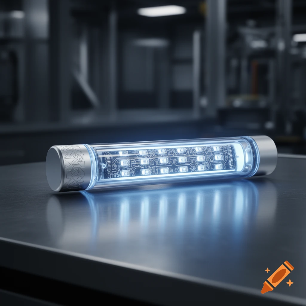 A glowing light stick with visible internal circuit board and LEDs, resting on a reflective dark surface in a blurred industrial setting.