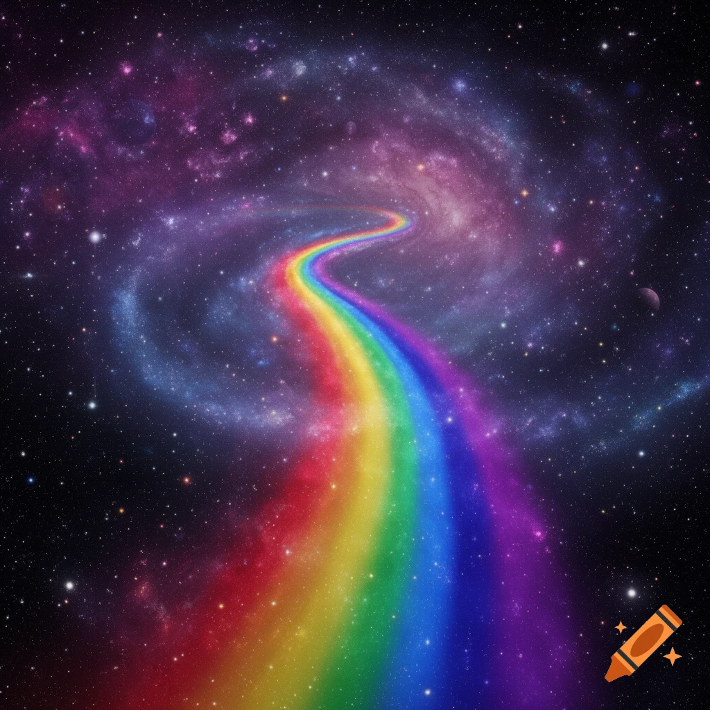 A vibrant rainbow path winding through a dark, star-filled galaxy with nebulae.