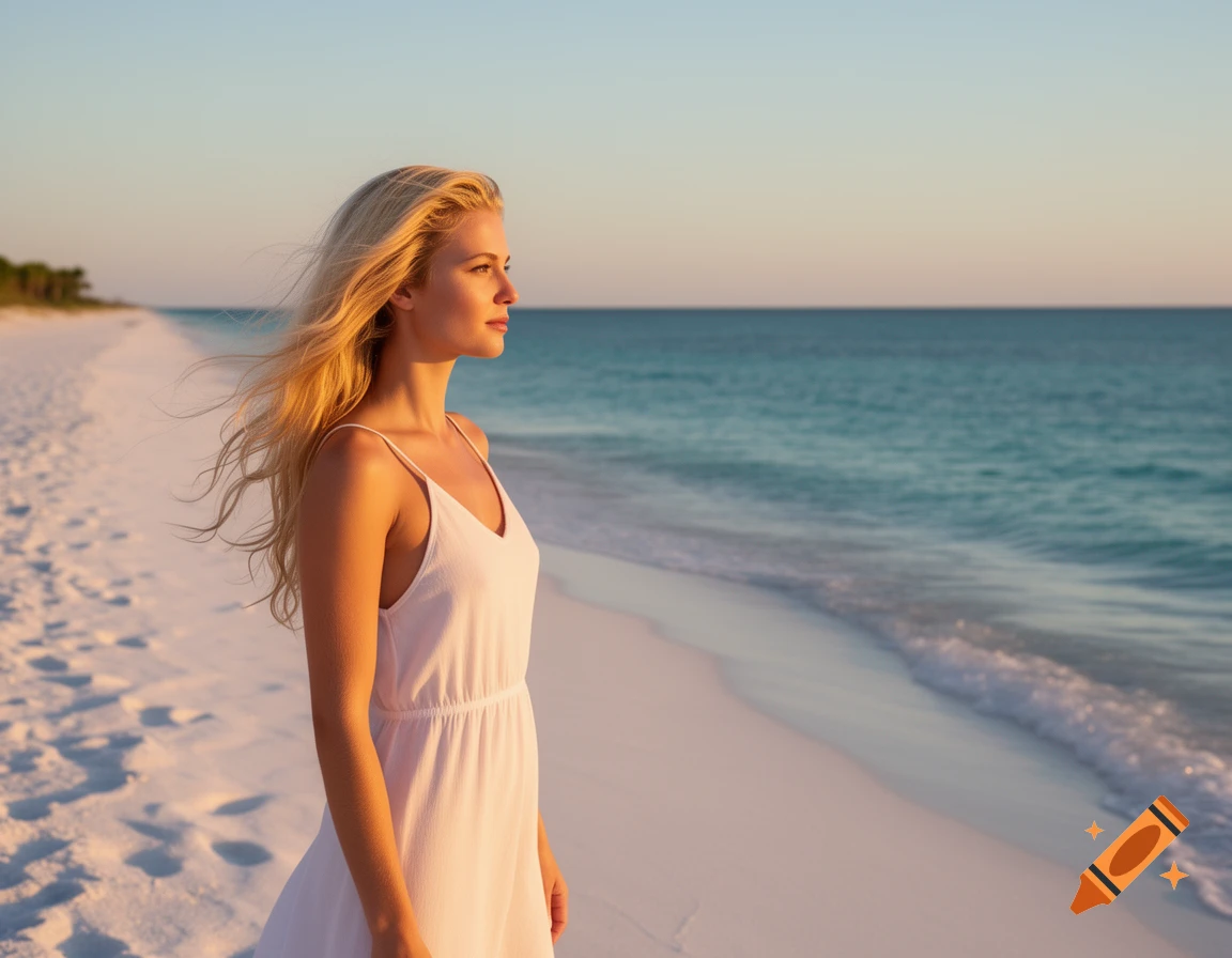 Blonde woman in a white dress standing on a white sand beach, looking at the ocean during sunset, photorealistic.