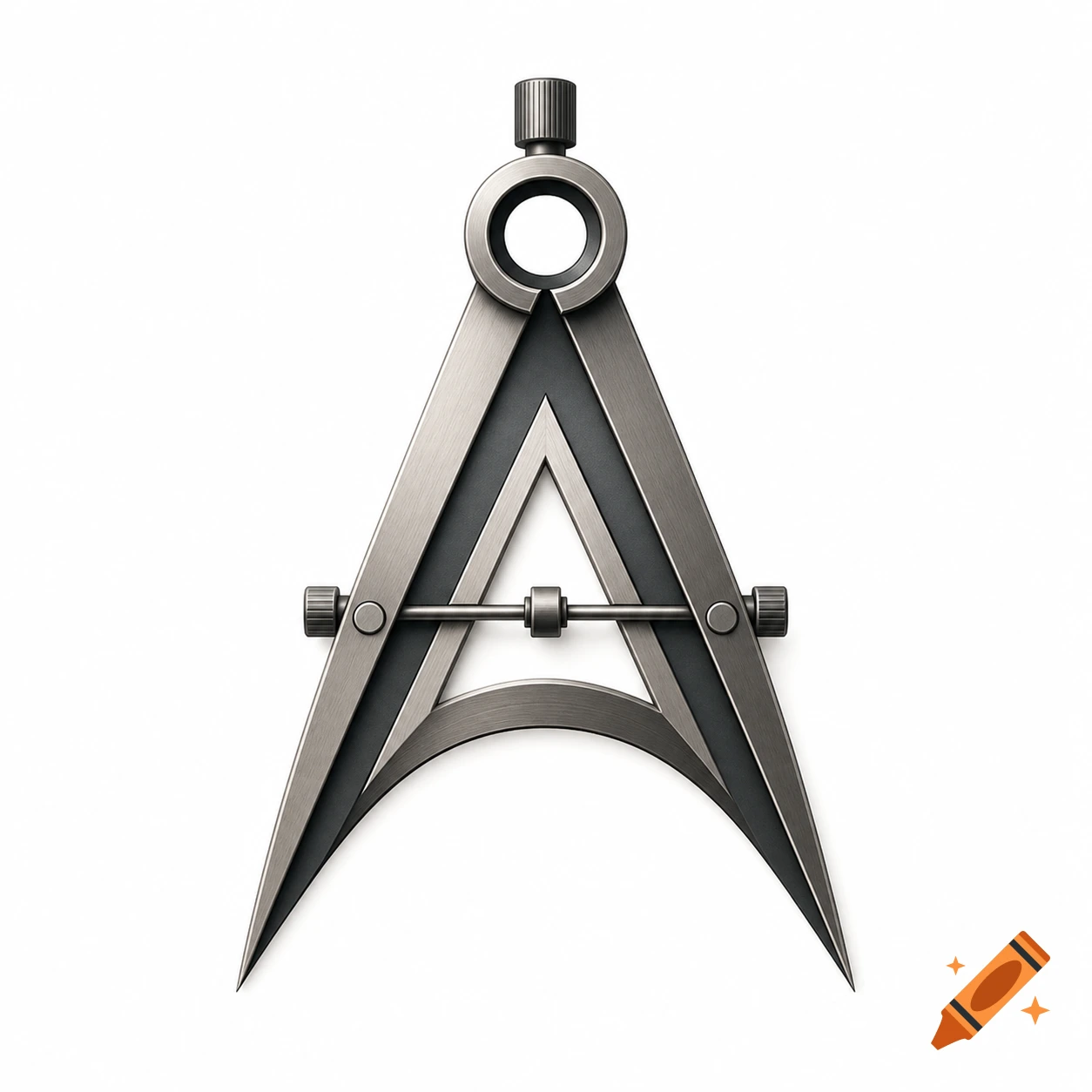 A stylized metallic drawing compass shaped like the letter A on a white background, photorealistic.