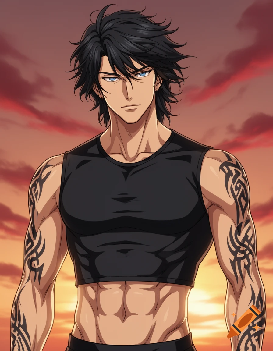 Anime-style muscular man with black hair and blue eyes, wearing a black crop top, tribal arm tattoos, against a sunset sky.