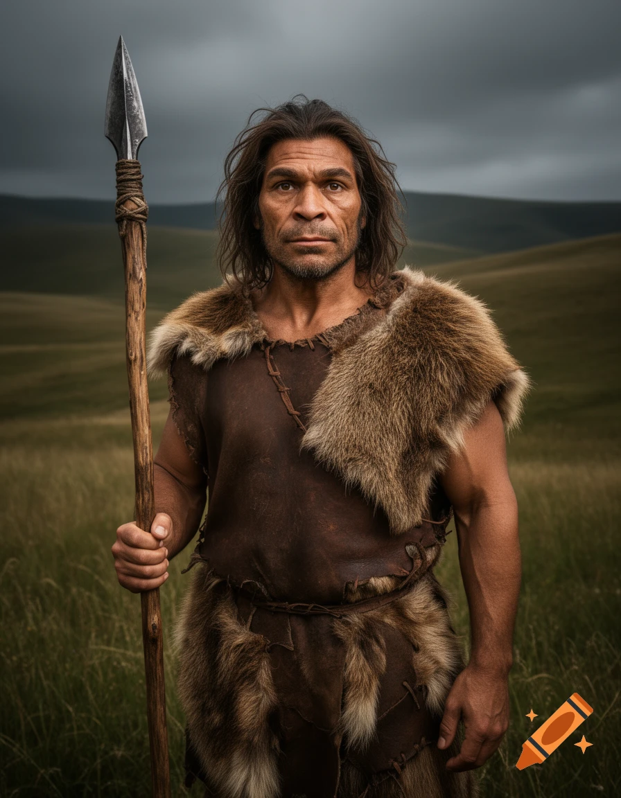 A photorealistic portrait of a Neanderthal man with long hair, dressed in furs and holding a spear, in a grassy landscape under a cloudy sky.