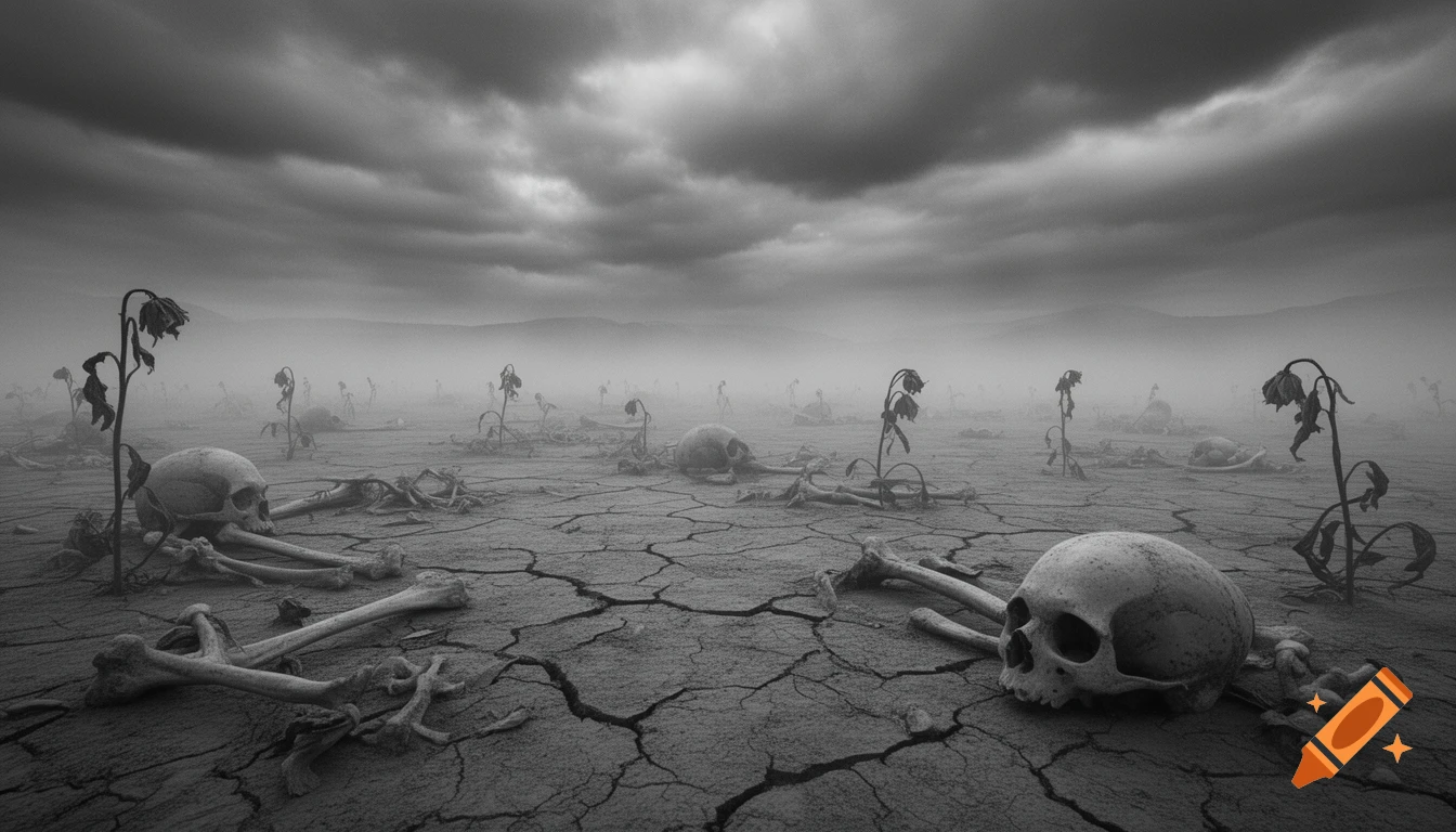 Black and white photorealistic image of a desolate landscape with human skulls, bones, and withered plants on cracked earth under a foggy, cloudy sky.