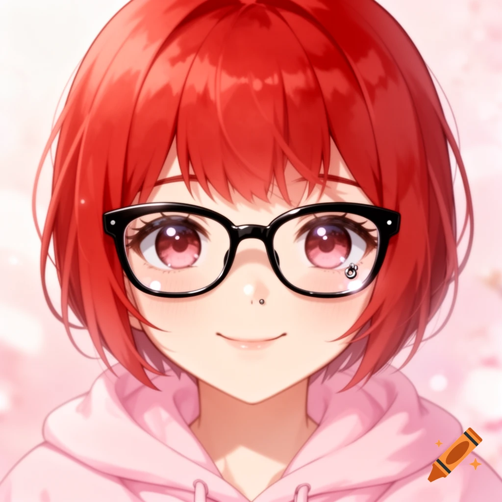 A close-up anime portrait of a smiling girl with short red hair and black glasses, wearing a pink hoodie.