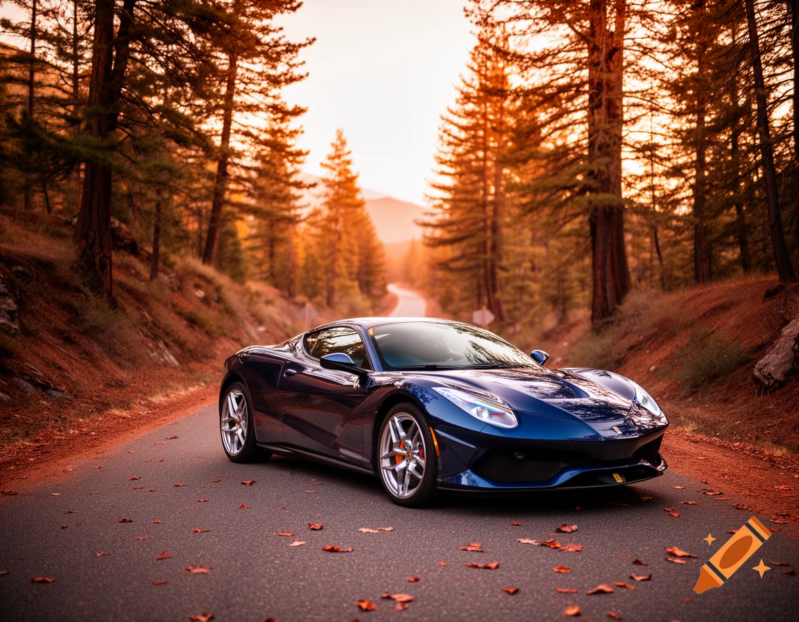 A sleek blue sports car parked on a winding asphalt road scattered with autumn leaves, surrounded by tall pine trees under a warm sunset glow.