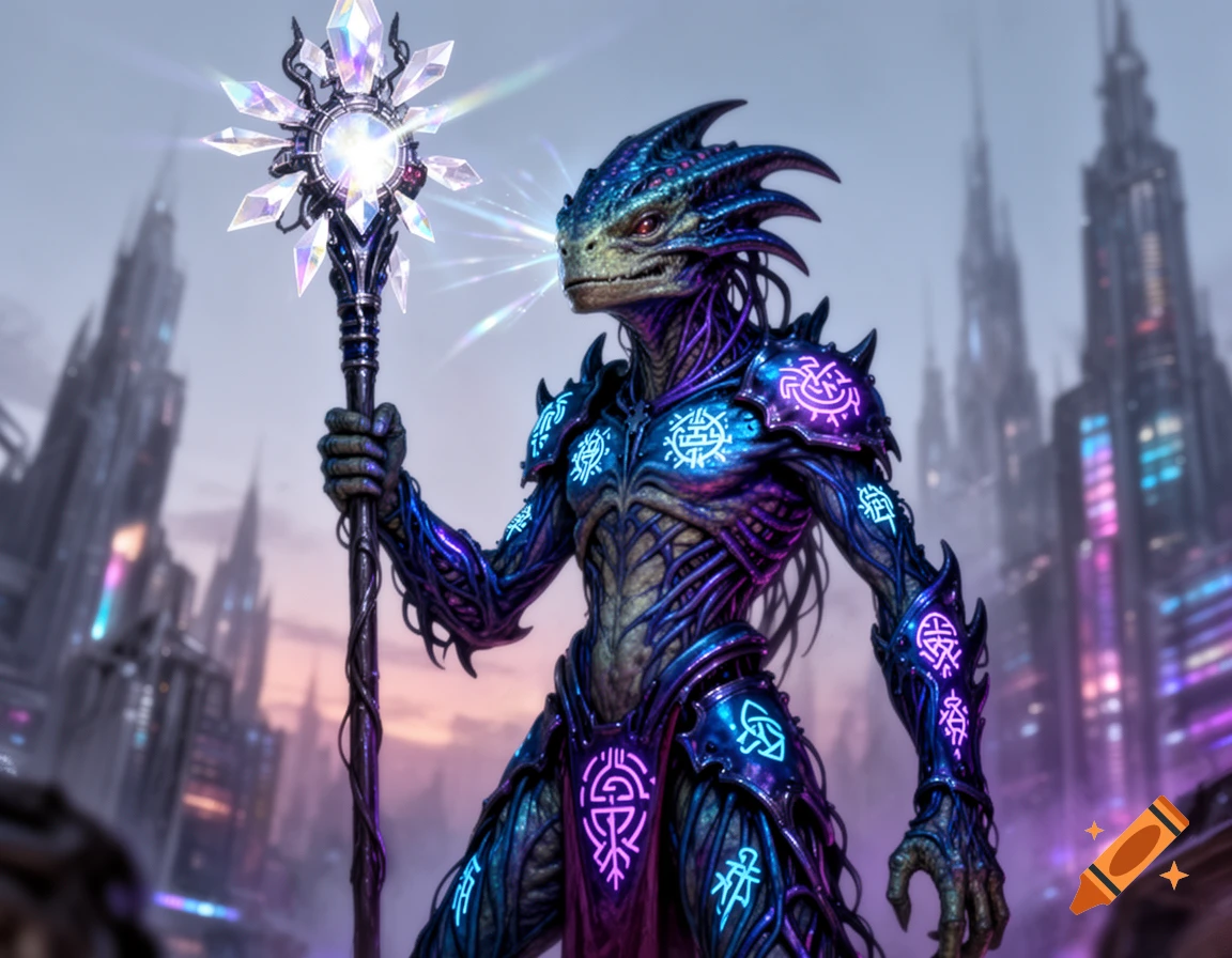 A reptilian alien in glowing purple and blue armor holds a crystal staff, standing before a futuristic city at dusk.