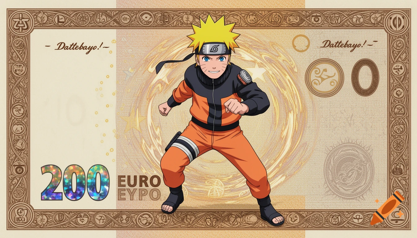 Naruto character on a 200 Euro banknote, anime style.