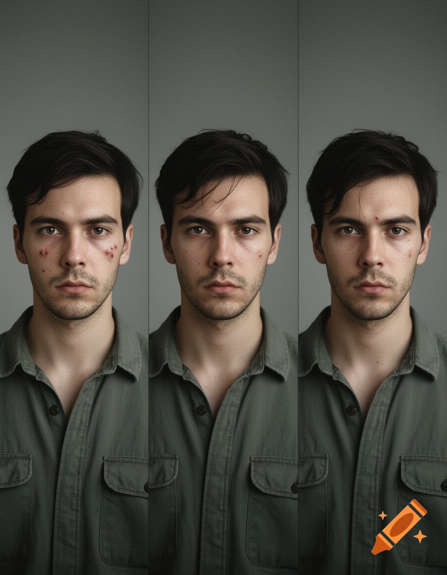 Three side-by-side portraits of a serious young man with short dark hair and a green shirt, showing varying skin textures from blemished to clear.