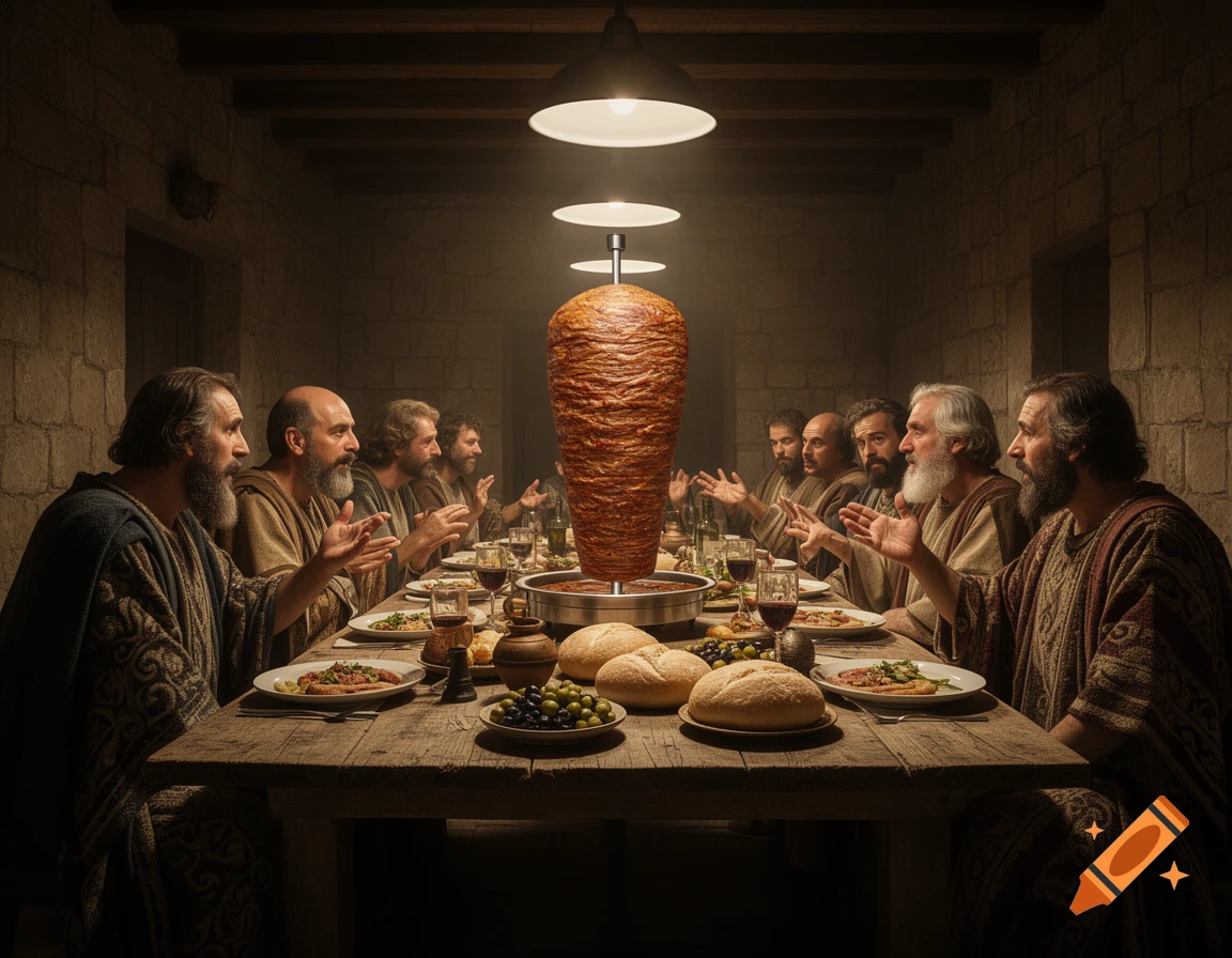 Photorealistic scene of men in ancient robes at a table, with a large döner kebab skewer as the centerpiece under dim light.