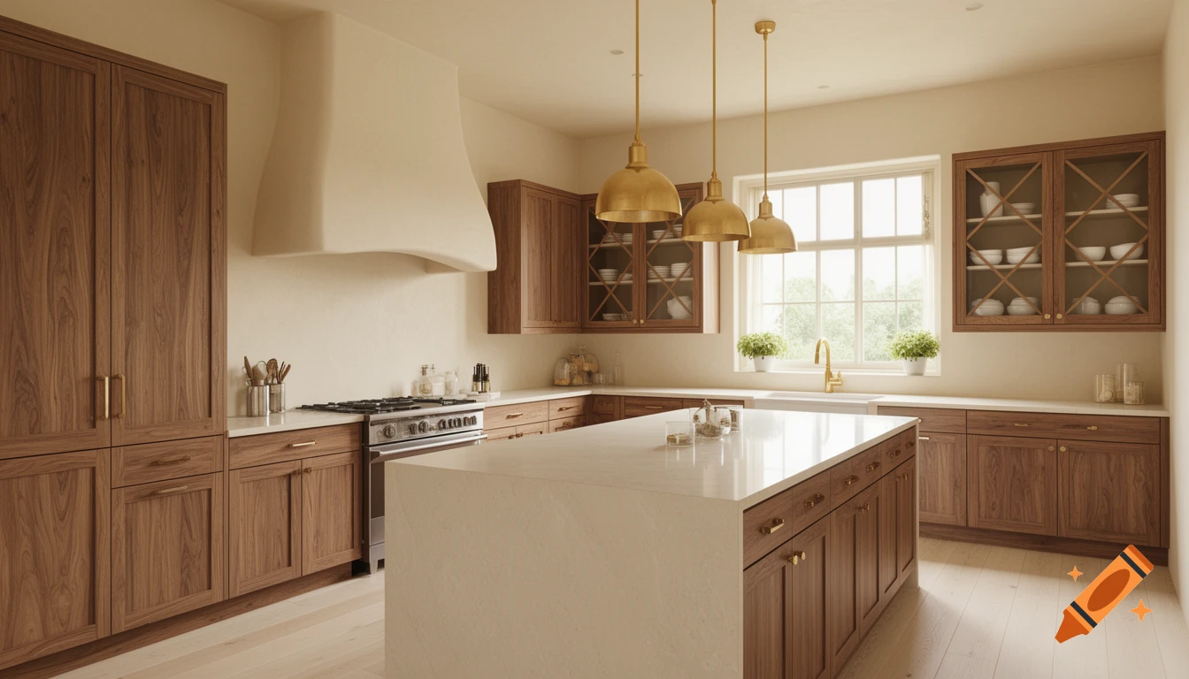 Photorealistic modern farmhouse kitchen with walnut cabinets, white oak flooring, a large island, brass pendant lights, and a window.