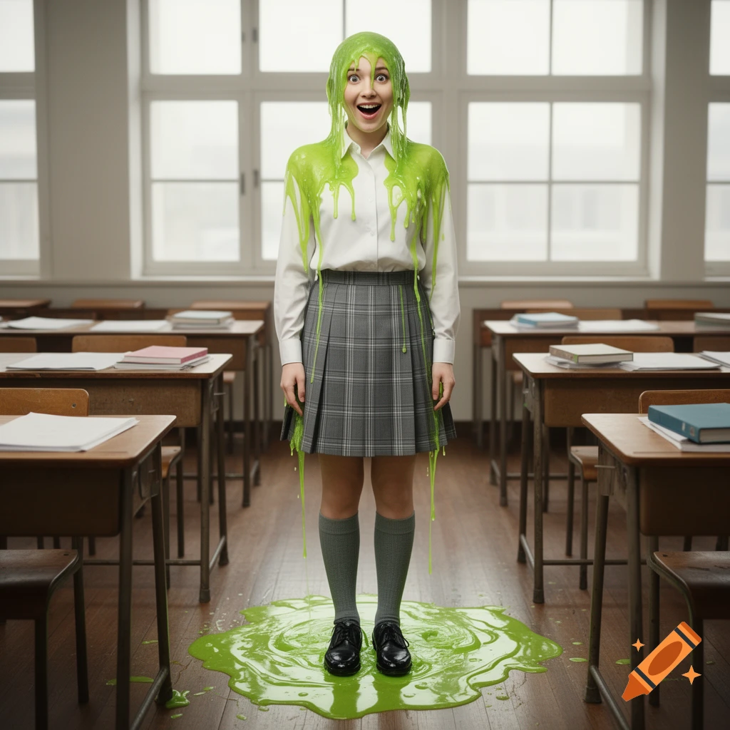 A young woman in a school uniform stands in a classroom, completely covered in bright green slime, with a surprised expression.