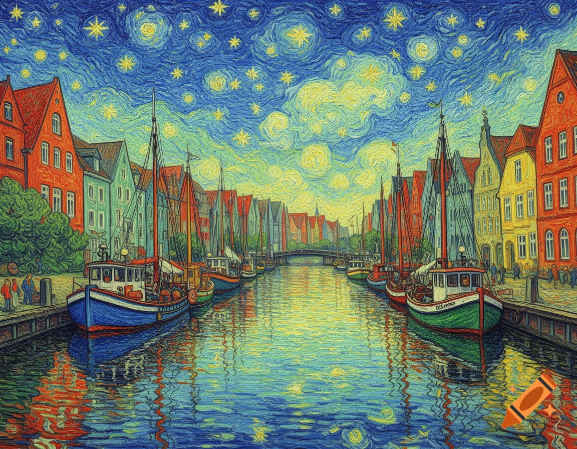 A colorful, impressionistic painting in Van Gogh's style depicts boats docked along a canal lined with historic, multi-colored buildings under a swirling, starry blue and yellow night sky.