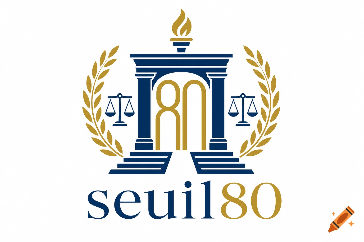 A corporate logo featuring a blue and gold archway with '80' inside, flanked by scales of justice and laurel wreaths, topped with a torch, and 'seuil80' text below.