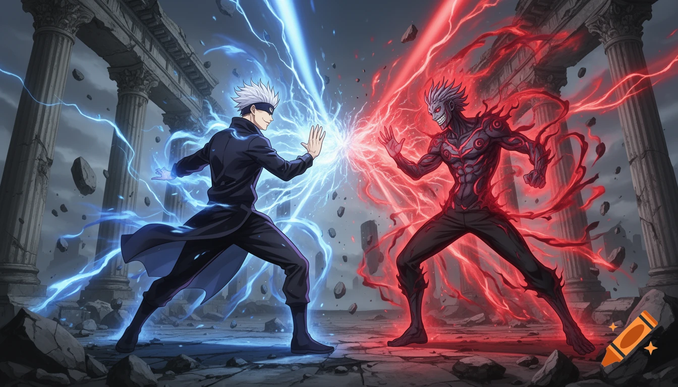 Anime characters Gojo and Sukuna clash with blue and red magical energy in a destroyed ancient ruin.