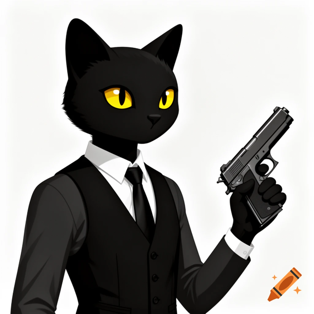 A stylized black cat in a suit with yellow eyes holds a black handgun with its right hand, facing right and looking forward.