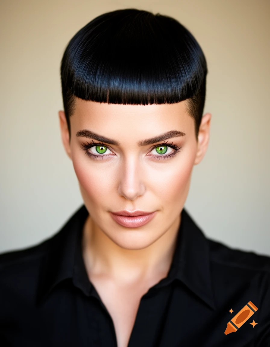 Close-up photorealistic portrait of a woman with short black flat top hair, striking green eyes, and a black collared shirt.