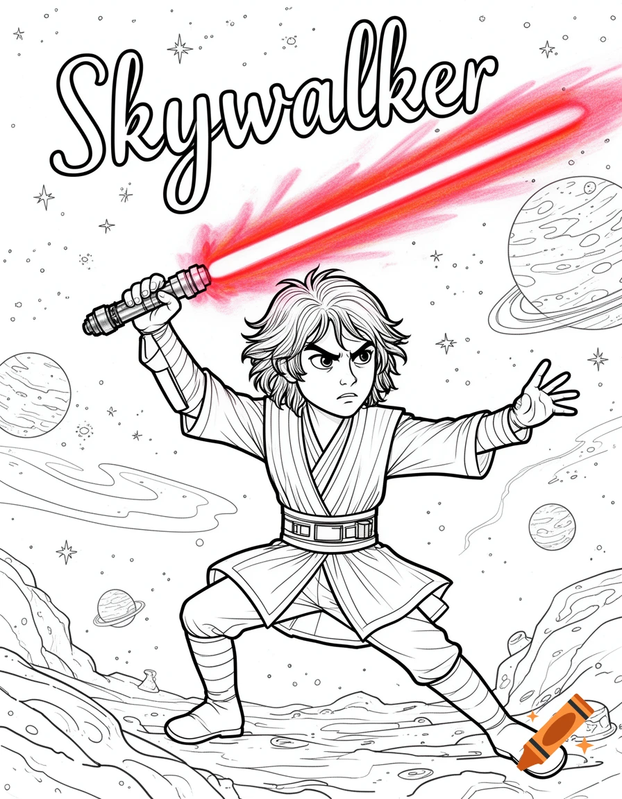 A coloring book page of a young person resembling Anakin Skywalker in Jedi robes holding a red lightsaber, with 'Skywalker' text above and planets in the background.