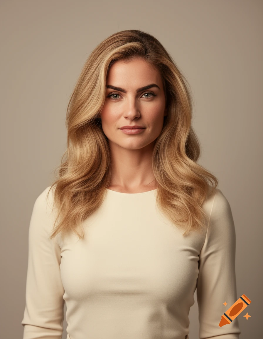 A natural-looking woman with long blonde hair and black eyebrows stares straight ahead, wearing a cream long-sleeved top.