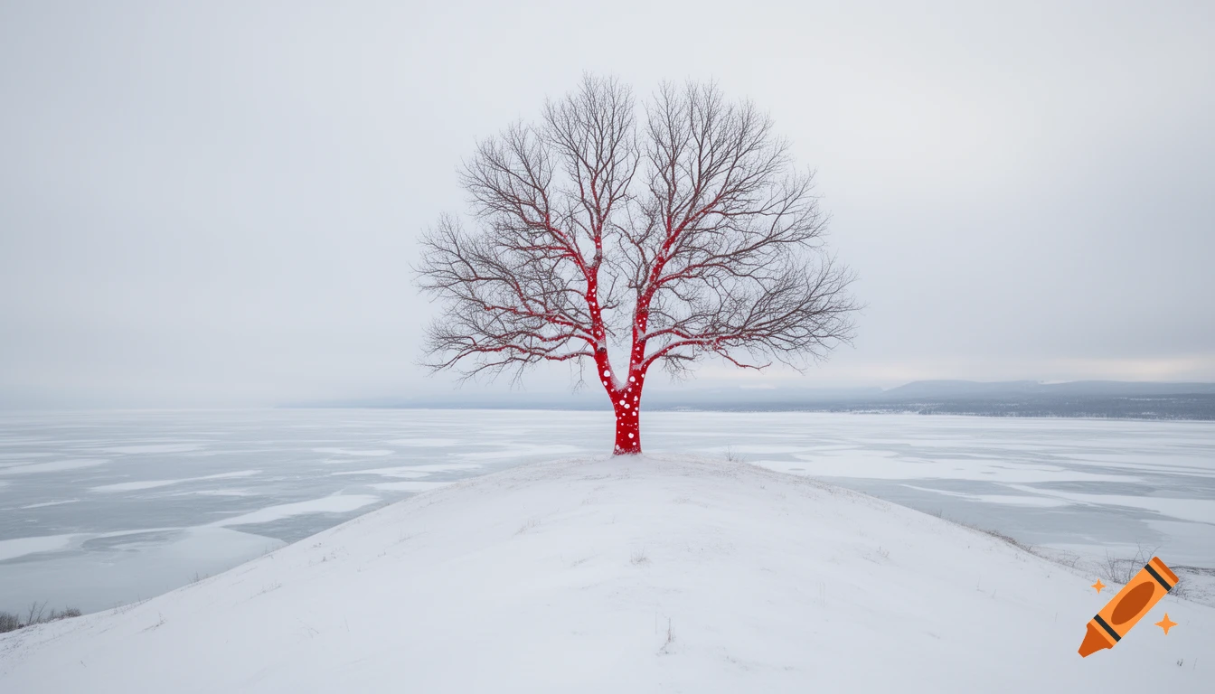 A barren tree with a candy apple red trunk and white spots stands on a snowy hill overlooking a frozen lake under a grey sky.