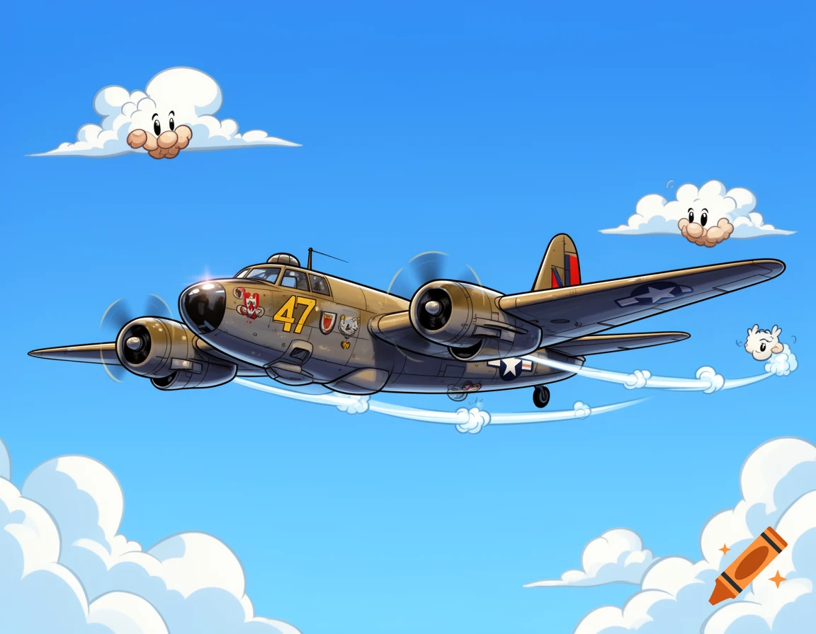 A cartoon B26 Marauder airplane with "47" on its side flies through a bright blue sky with cheerful cartoon clouds.