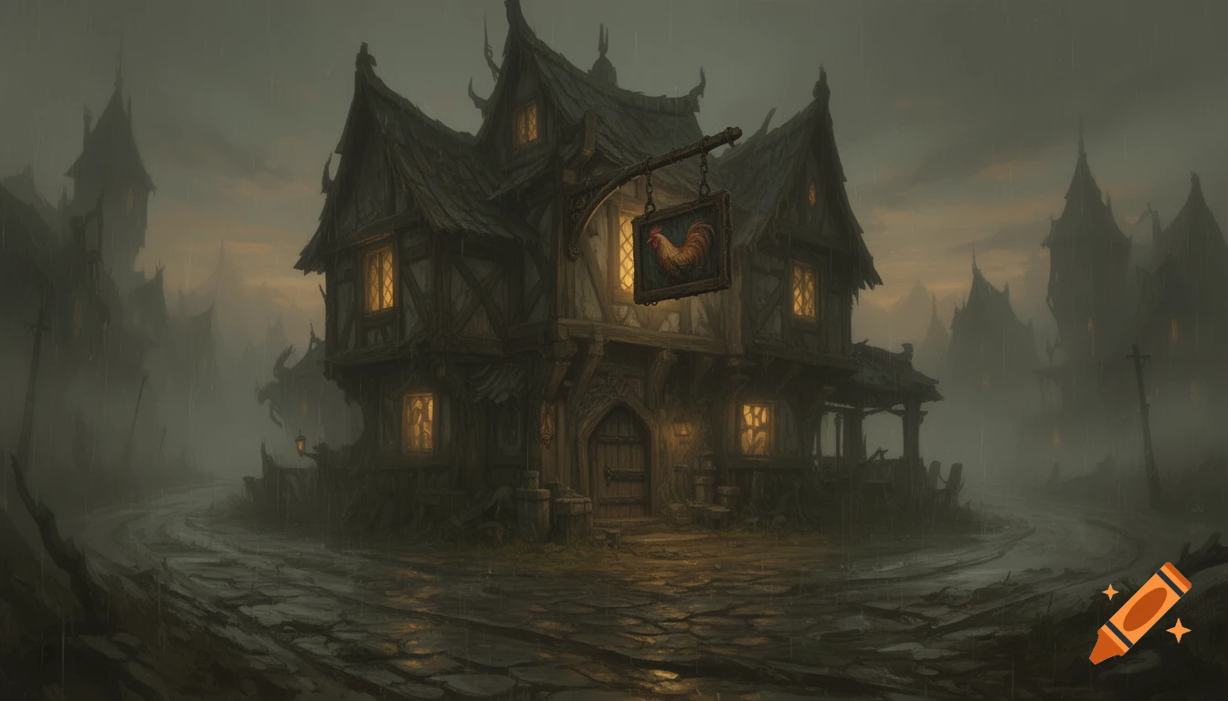 A dark fantasy digital oil painting of a crooked medieval tavern with a rooster sign, glowing windows, on a muddy road in heavy rain at dusk.
