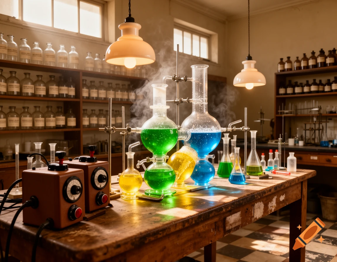 A photorealistic image of a vintage chemistry lab with colorful liquids bubbling in glass beakers and flasks on a wooden table.
