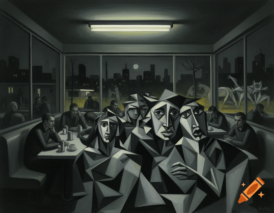 Cubist painting in a dark diner setting, merging fragmented figures and a city view at night, reminiscent of Picasso and Hopper.