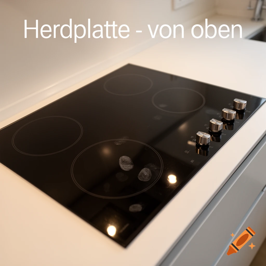 A modern black glass induction stovetop with silver control knobs set into a white kitchen counter, viewed from above.