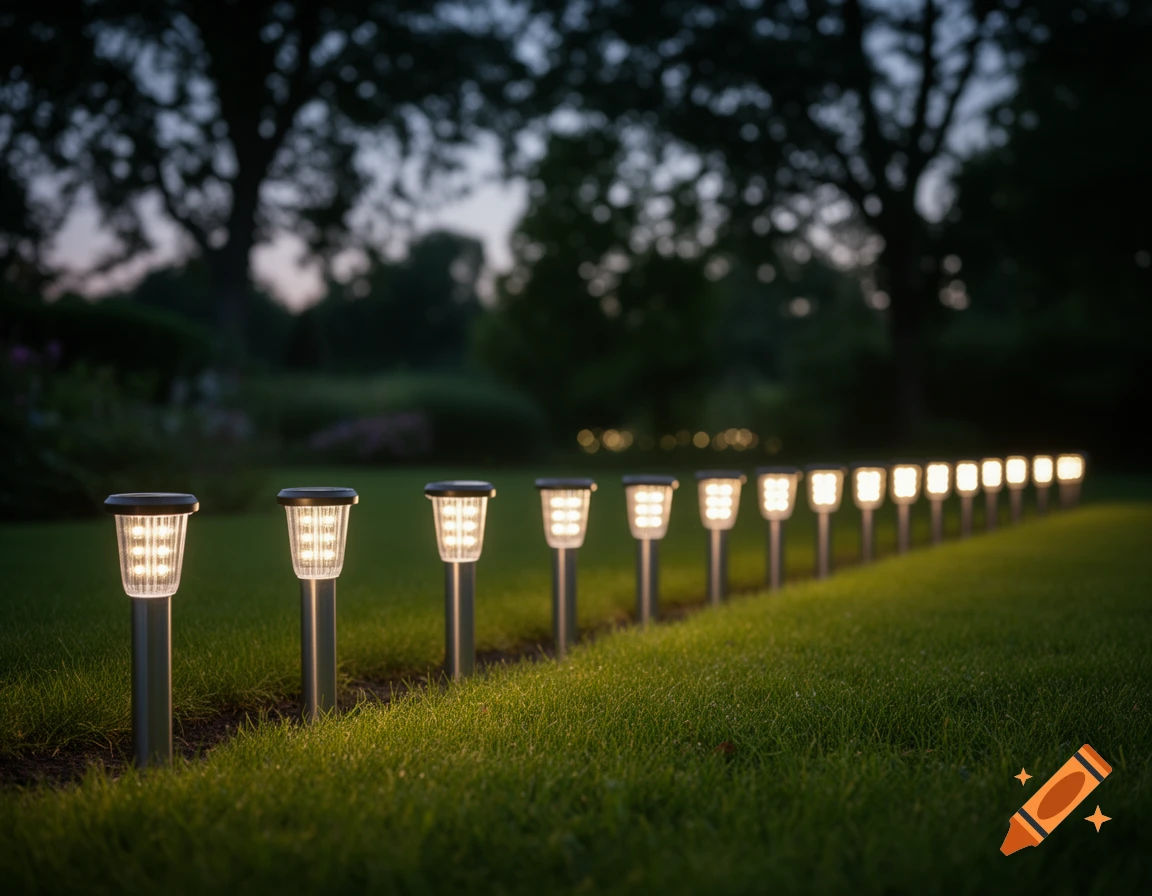 A line of illuminated solar garden lights along a grassy path at dusk.