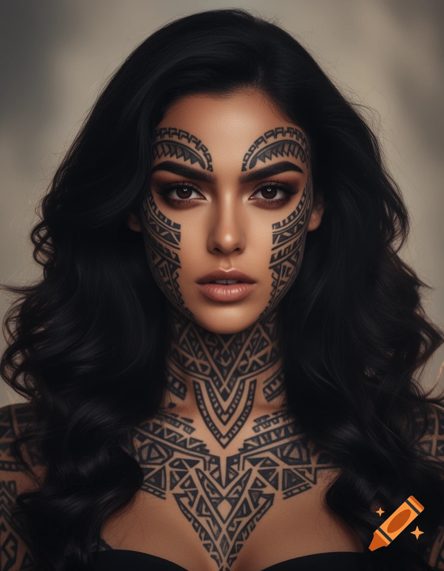 A dark-haired woman with striking black tribal-style tattoos covering her face, neck, and upper chest, gazing forward in a photorealistic close-up.