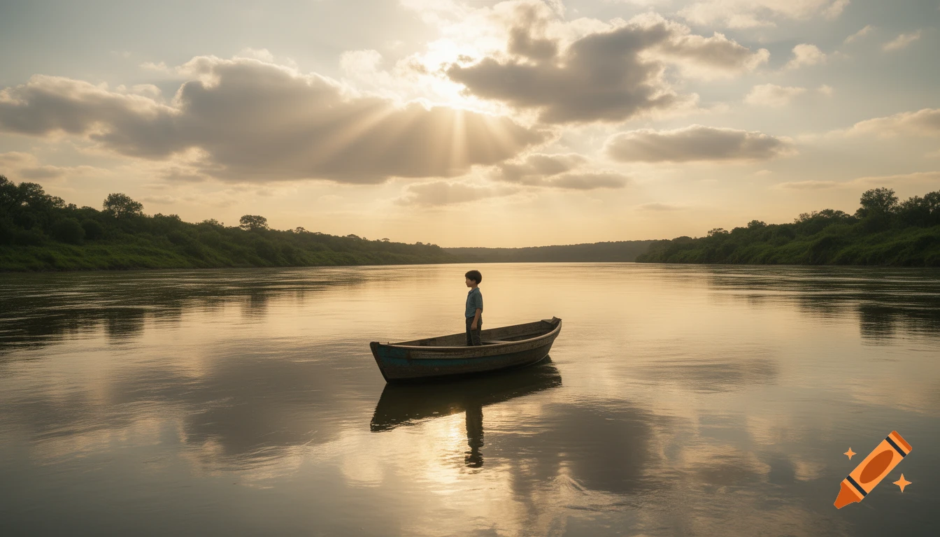 A lone boy stands in a small boat on a calm river as golden sunlight breaks through clouds over forested banks at sunset.
