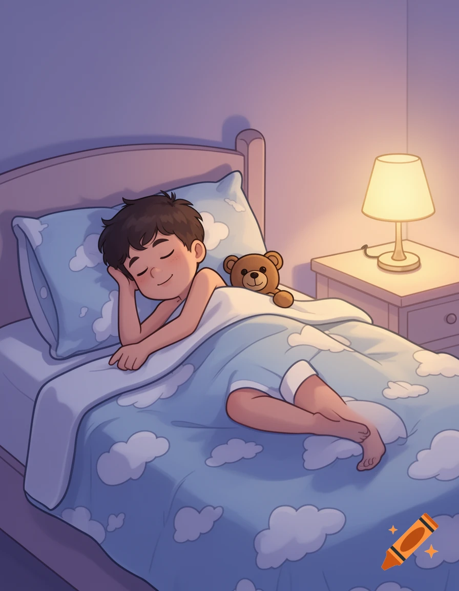 A cartoon boy sleeps soundly in a comfy bed with a cloud-patterned blanket, a teddy bear, and a glowing bedside lamp.